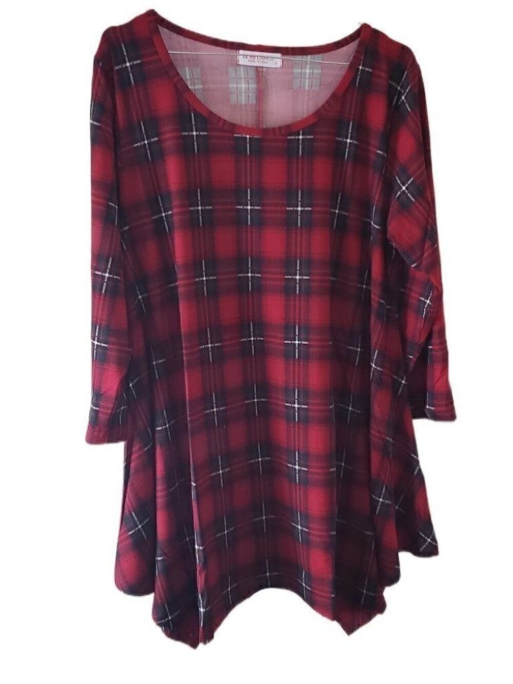 Belaroi New Women's Tartan Red & Black Plaid 3/4 Sleeve Flowy Blouse